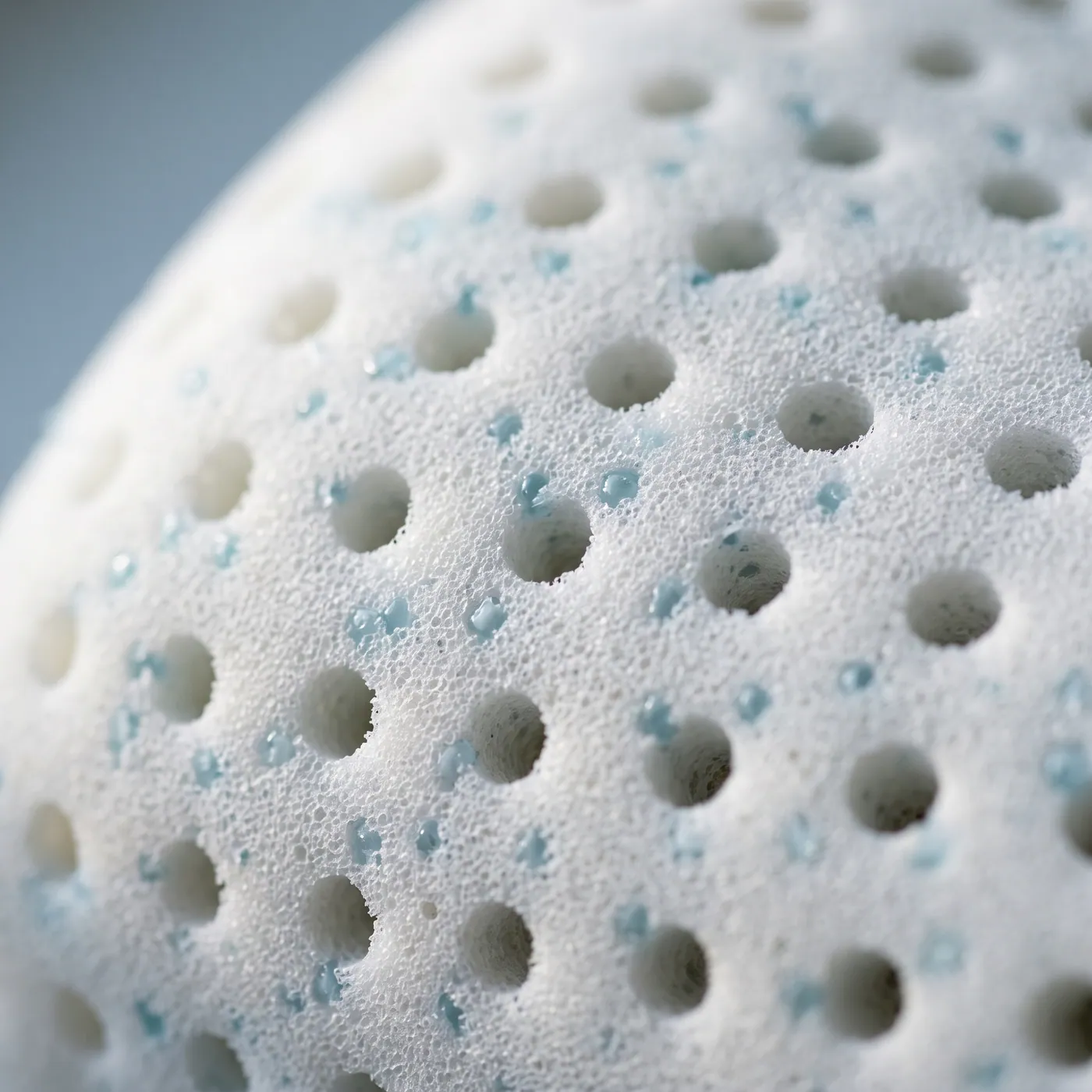 Close-up of memory foam flecked with pale blue cooling gel