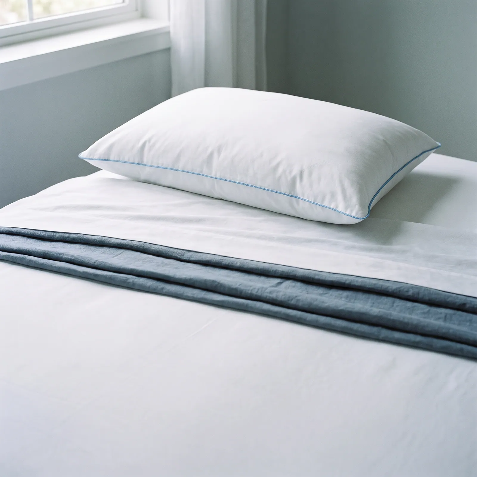 An Elite Collection water pillow with blue corded edges on a made bed
