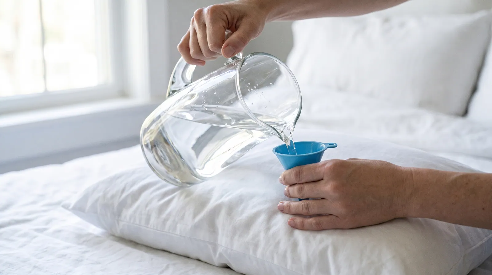 Hands pouring water from a glass pitcher through a funnel into a white water pillow