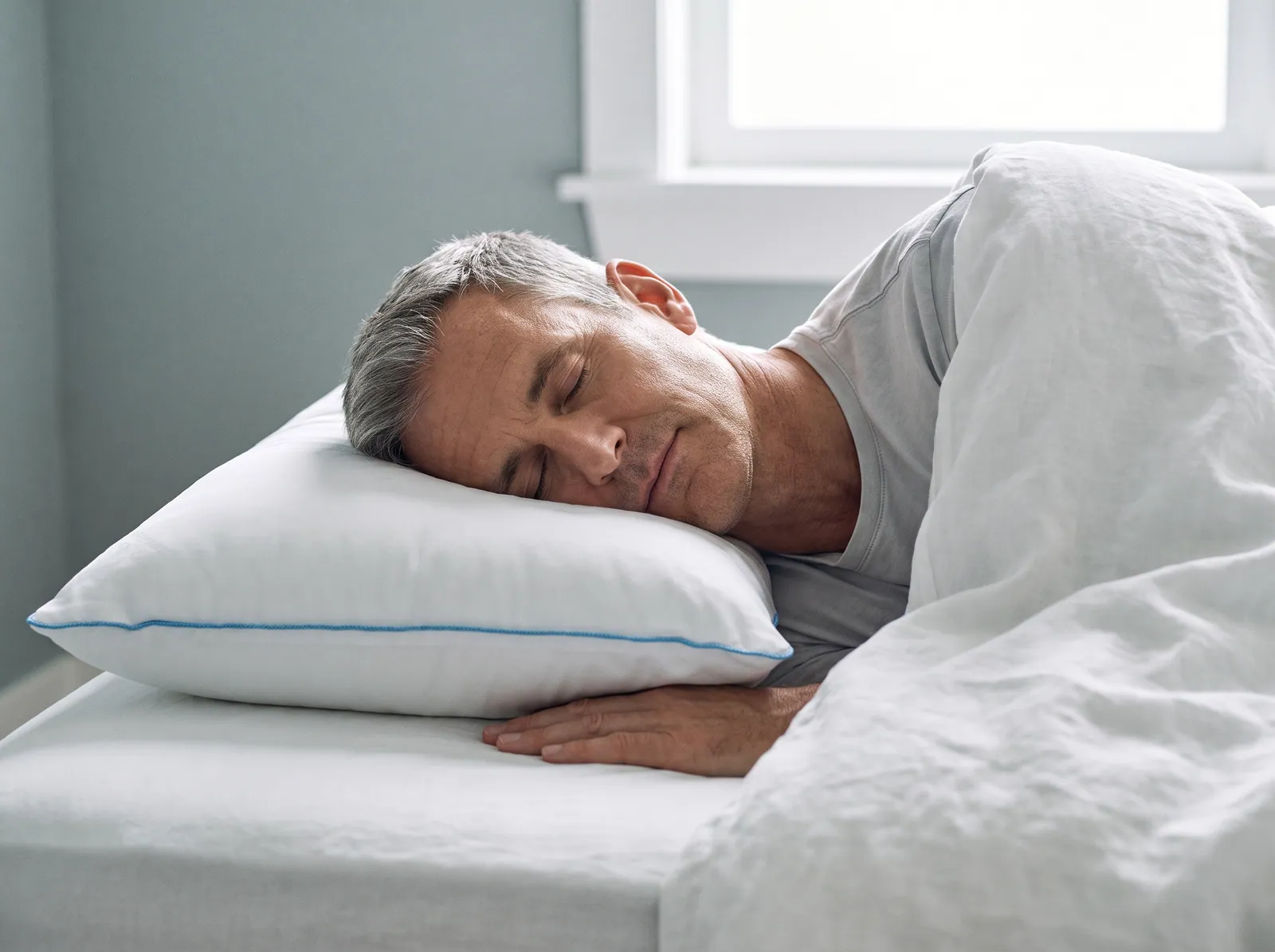 A man asleep on his side on a white water pillow, his neck in line with his spine
