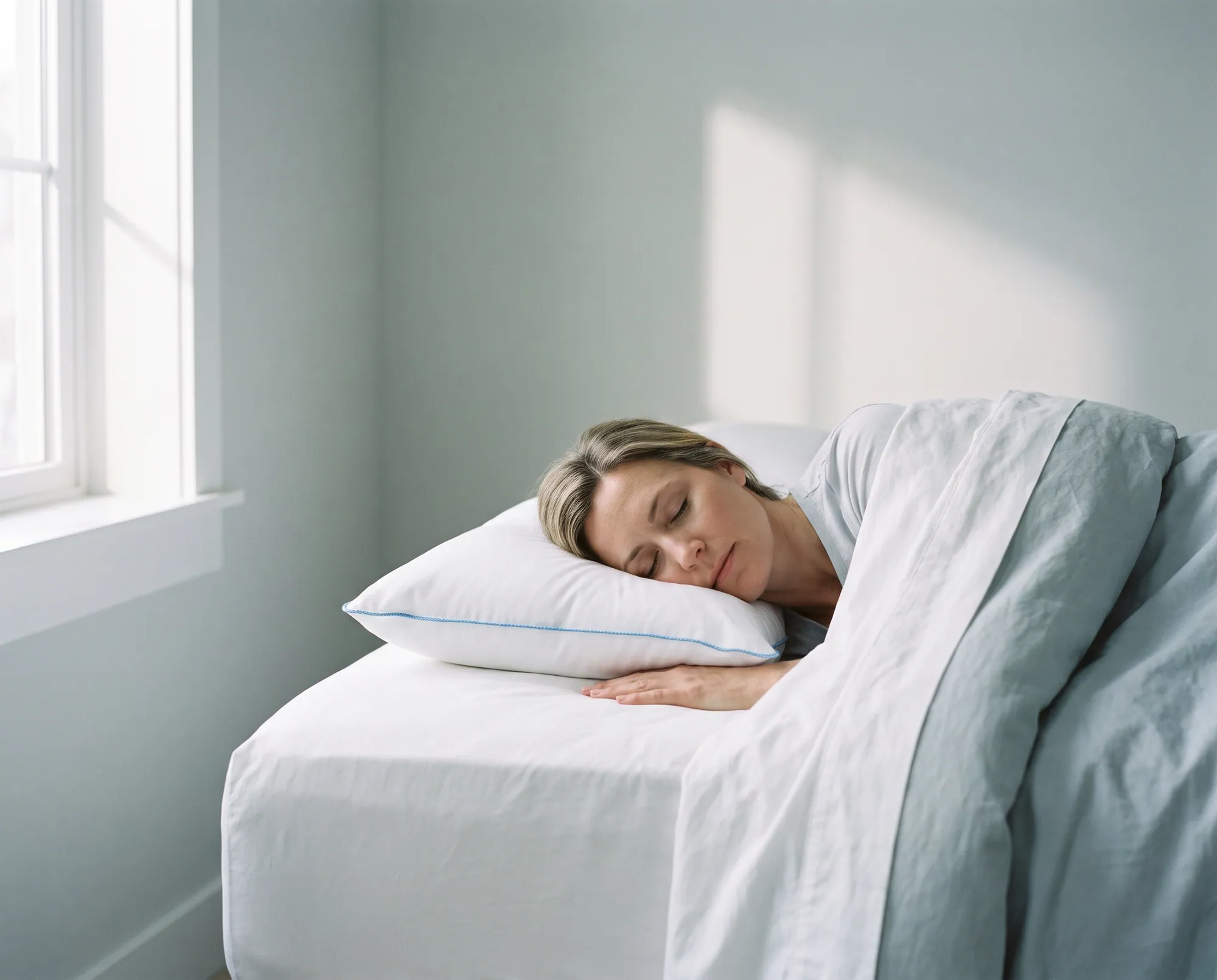 A woman sleeping peacefully on her side on a white Mediflow water pillow in soft morning light