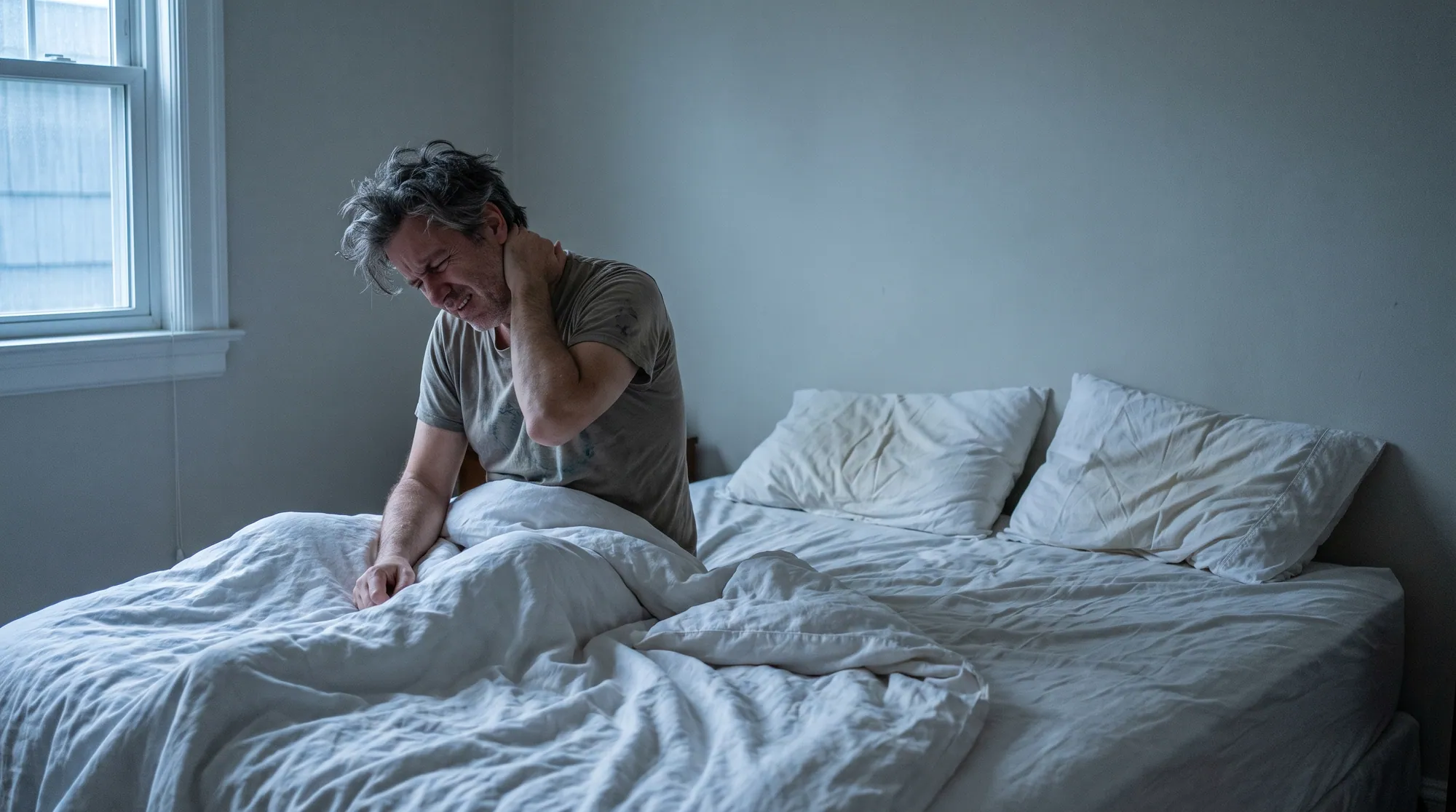 A man sitting on the edge of his bed in the morning, rubbing a stiff neck