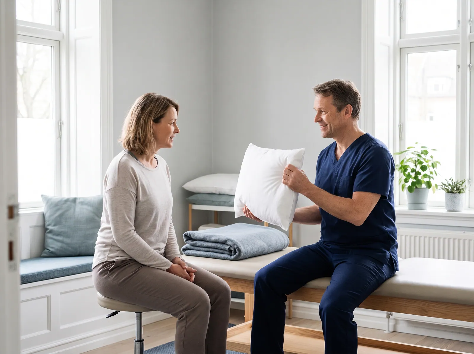 A physiotherapist showing a patient a white water pillow in a calm treatment room