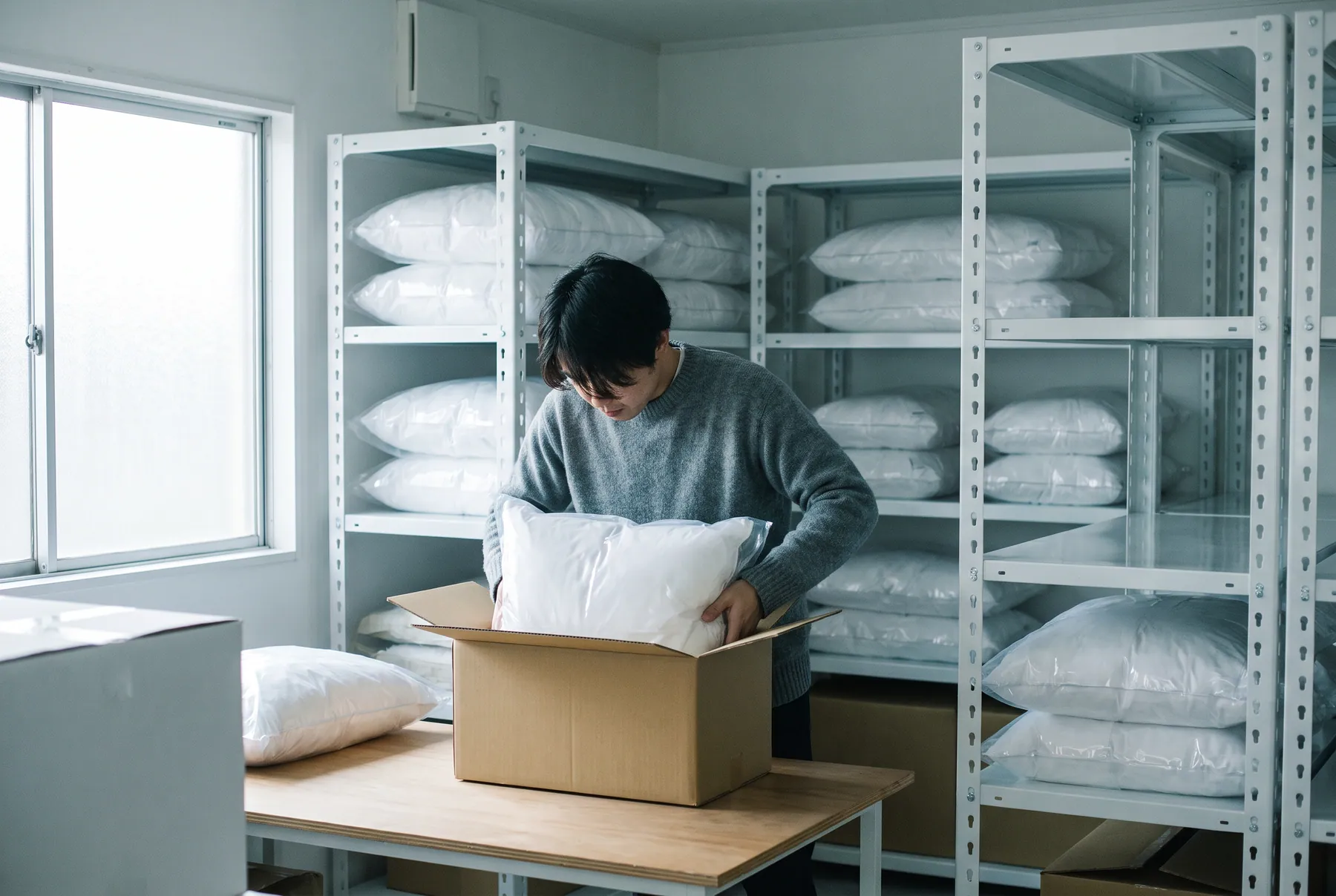 Packaged Mediflow water pillows stacked on shelves in a bright stockroom while an order is packed