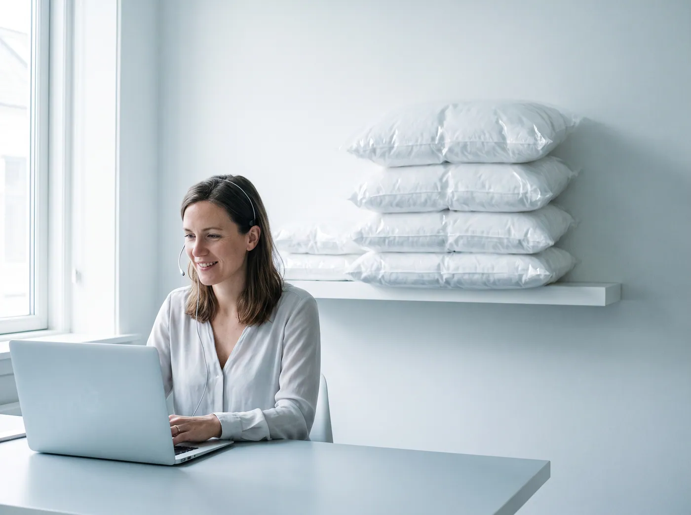 A support team member on the phone at a bright desk beside a stack of packaged water pillows