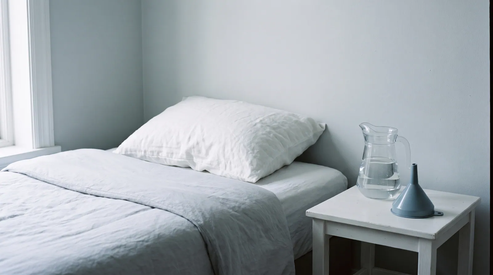 A white water pillow on a bed beside a blue funnel and a glass pitcher of water