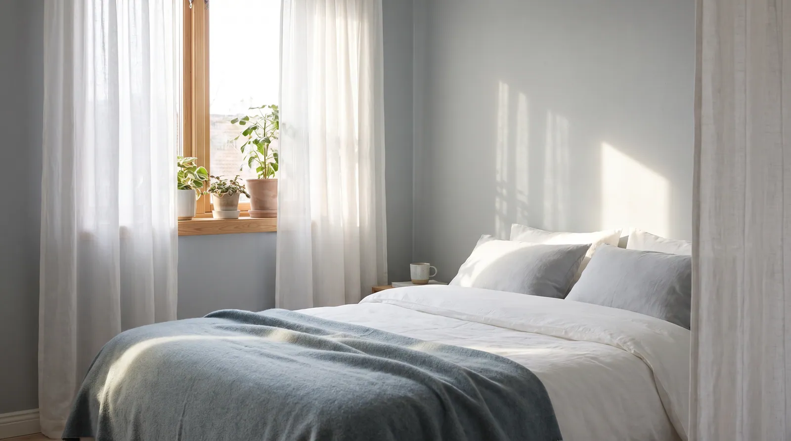 Morning light coming through sheer curtains into a calm, bright bedroom