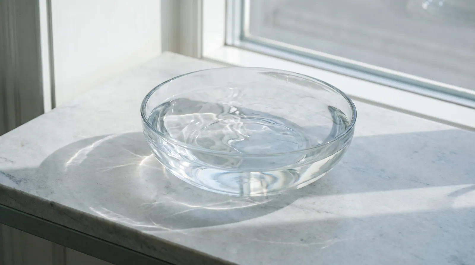 Clear water rippling in a glass bowl, lit by soft daylight