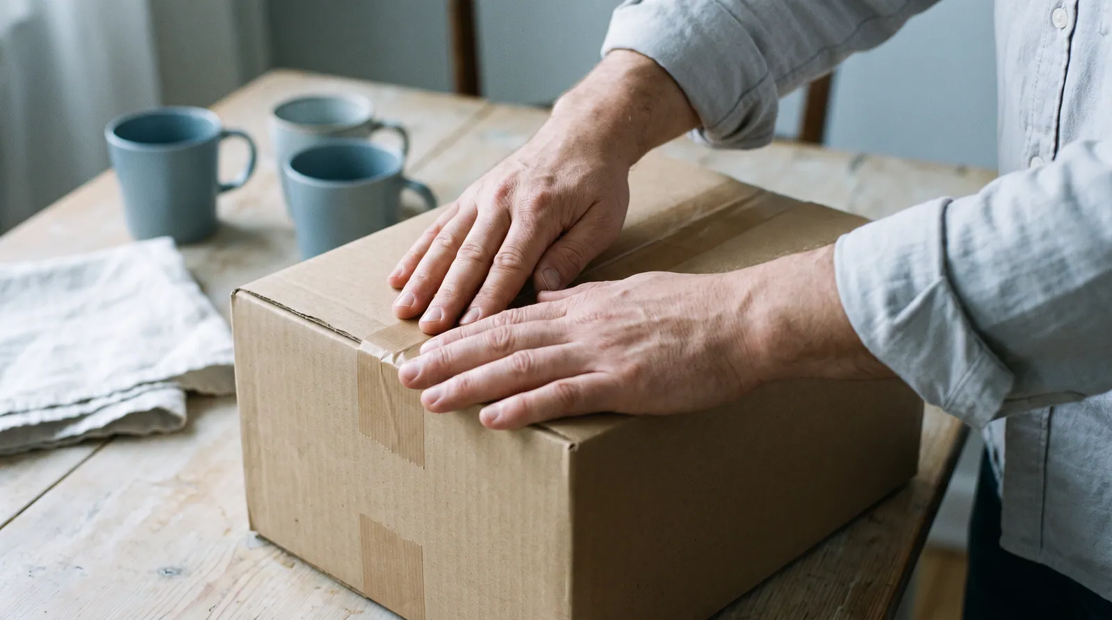 Hands sealing a kraft box with paper tape on a light wooden table
