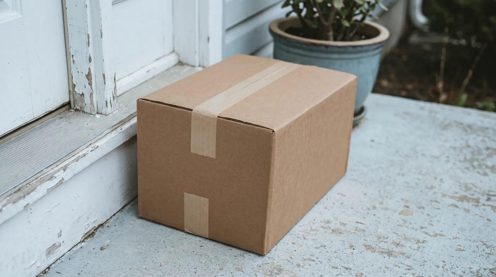 A sealed kraft shipping box resting on a doorstep in soft daylight
