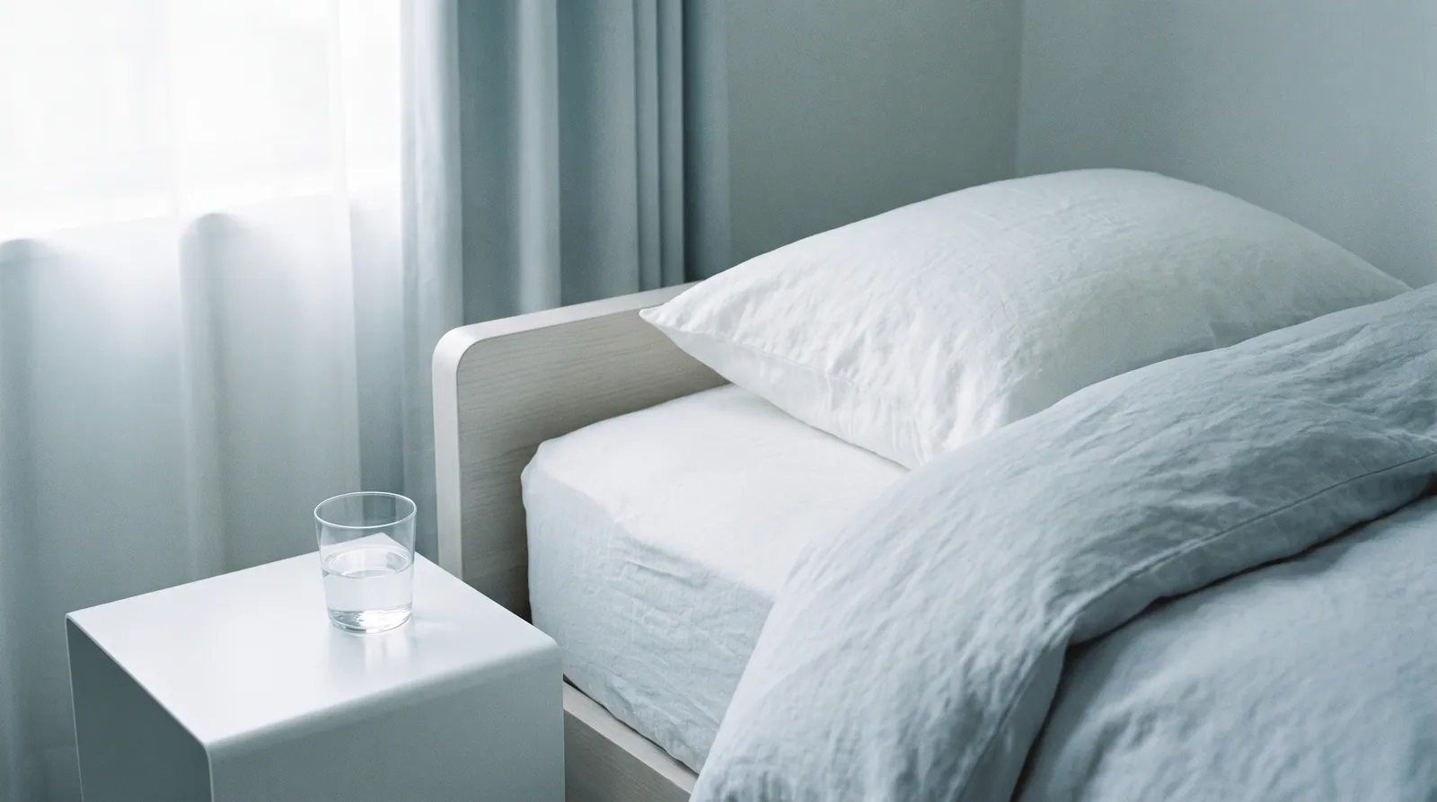 A white water pillow on a neatly made bed beside a bedside table in calm daylight