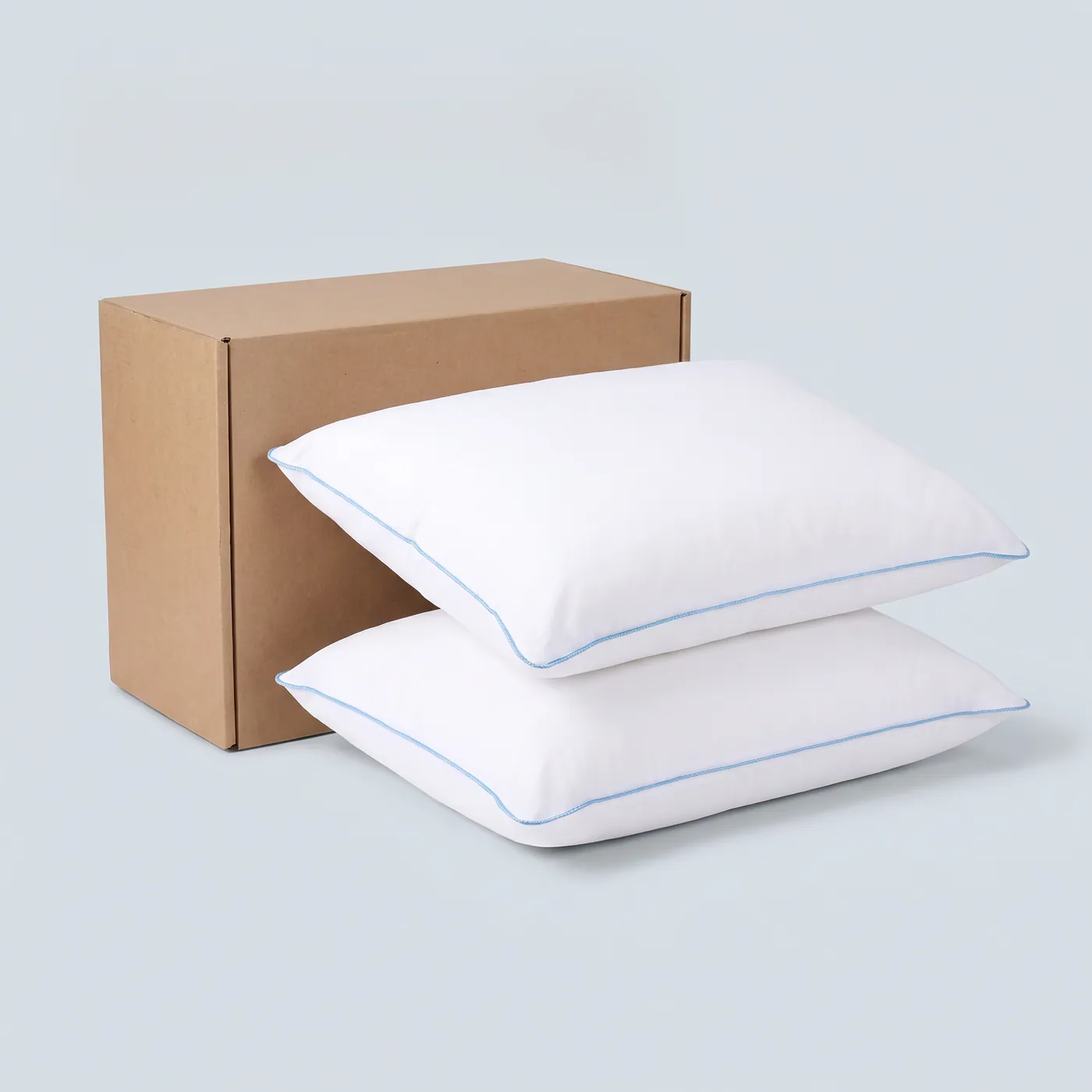 Two Elite water pillows beside a kraft shipping box