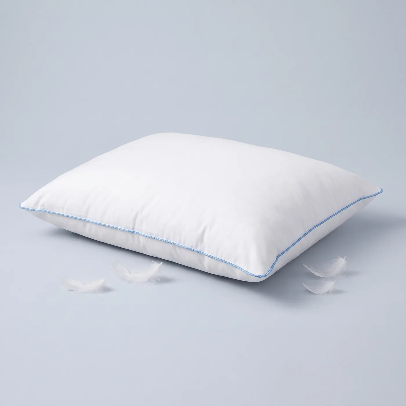 Elite Down Water Pillow with blue corded edge on a light background